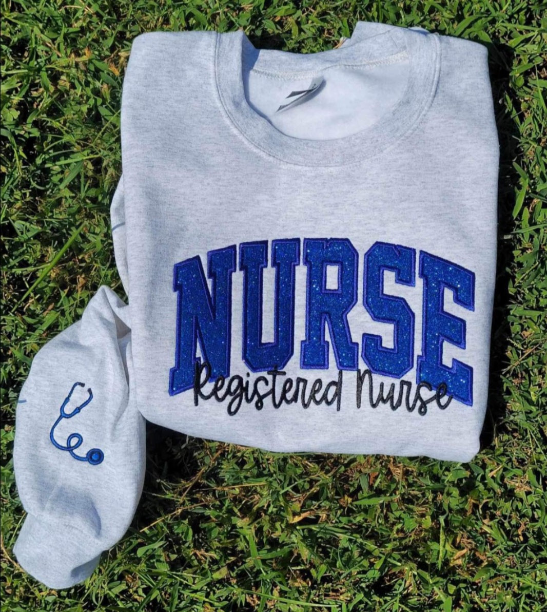 Nurse with Name/Stethoscope on Sleeve Glitter Applique Embroidered Sweatshirt