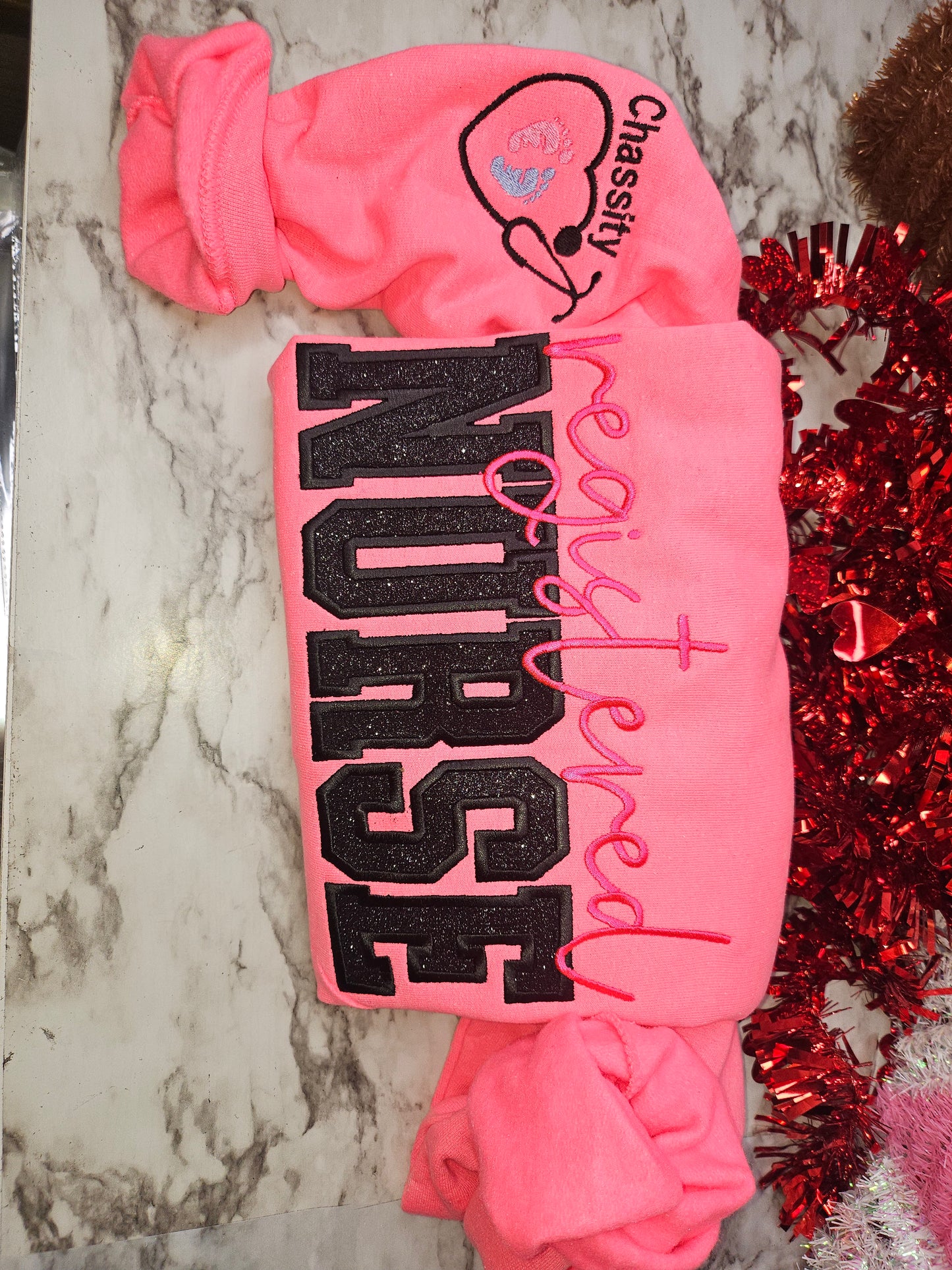Nurse with Name/Stethoscope on Sleeve Glitter Applique Embroidered Sweatshirt