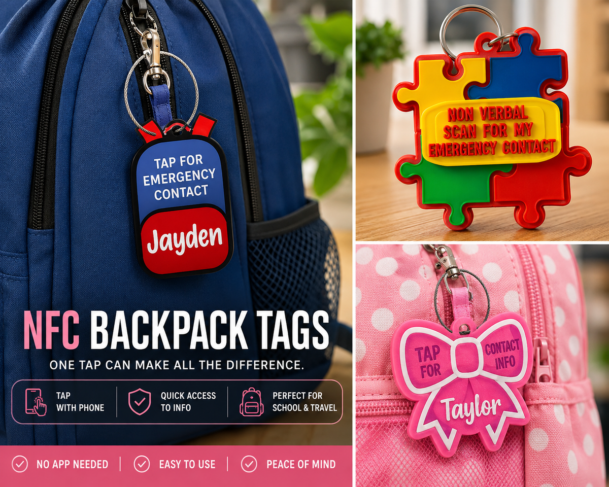 Emergency contact backpack tag, NFC tag, Tap bag tag, special needs, scan tag, safety, school name tag, NFC backpack tag, Kids Luggage Tag