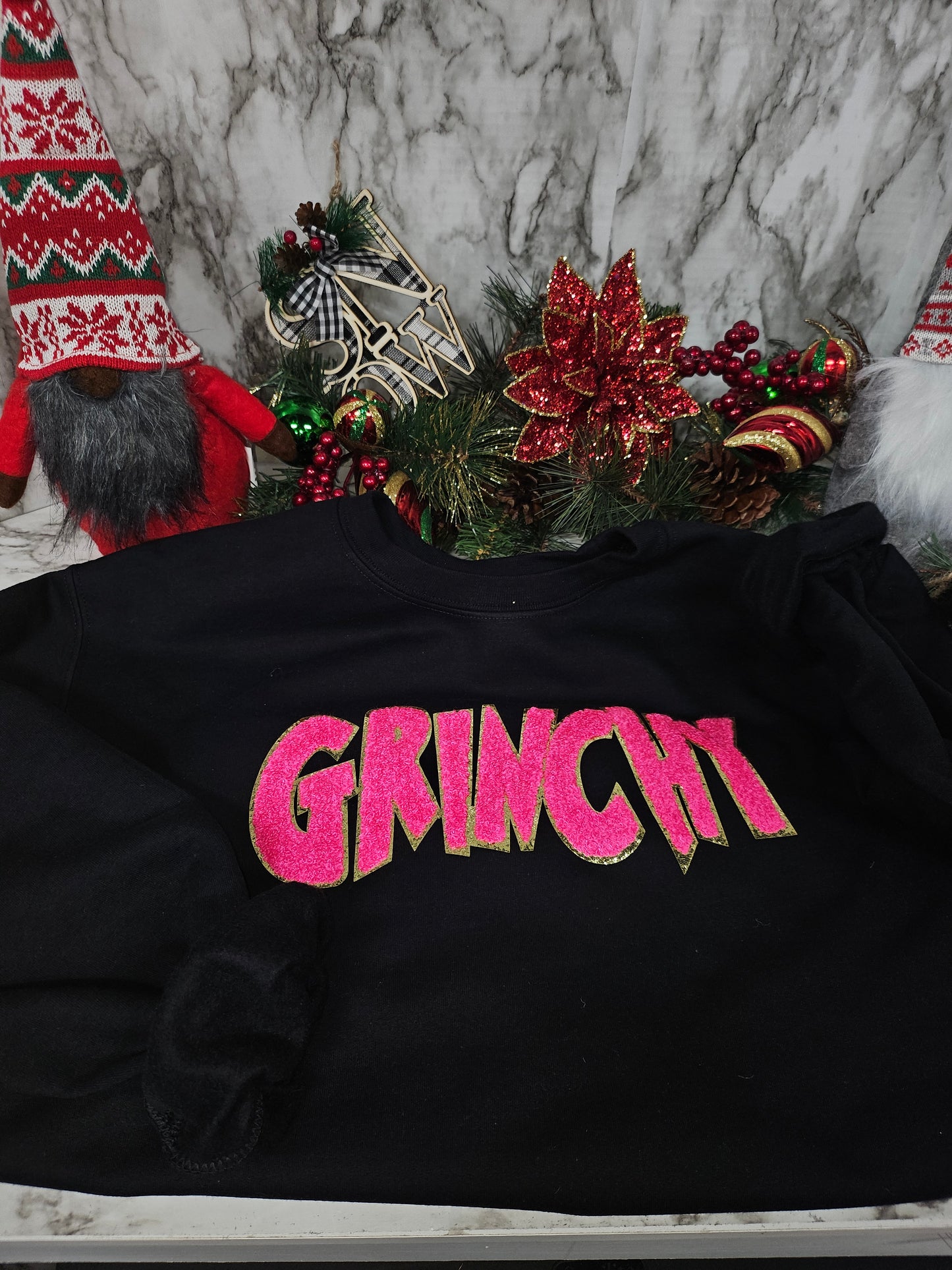 Grinchy Pink Chenille With Gold Outline Patch Sweatshirt