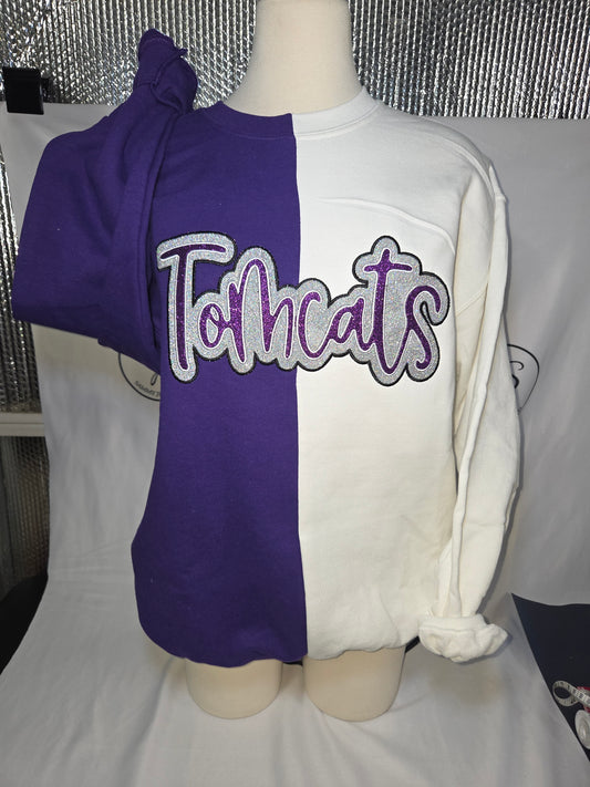 Two-Tone Embroidered Team Mascot Sweatshirt | Custom Double Satin Appliqué Spirit Wear | Two Tone Game Day Crewneck ,Two Tone Shirt